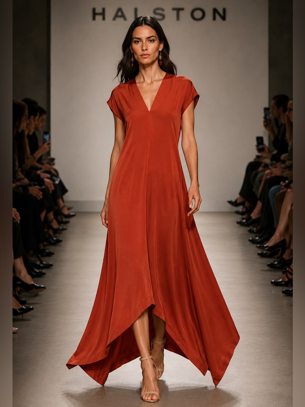Halston Rust Orange Satin Asymmetrical Maxi Dress Handkerchief Hem V-Neck NWOT